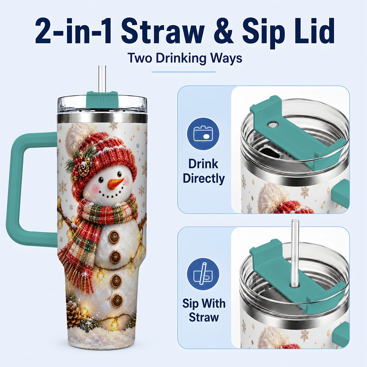 #pl[40oz|Green] Festive Snowman 40oz Tumbler with Handle, Holiday Lights Art