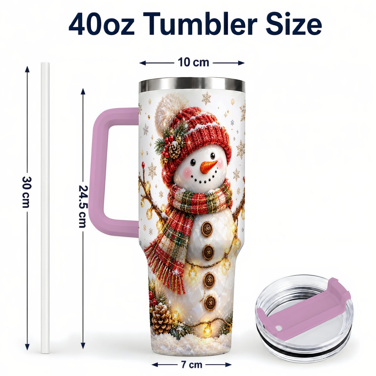 #pl[40oz|Pink] Festive Snowman 40oz Tumbler with Handle, Holiday Lights Art