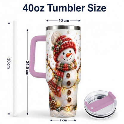 #pl[40oz|Pink] Festive Snowman 40oz Tumbler with Handle, Holiday Lights Art