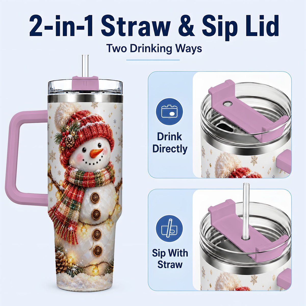 #pl[40oz|Pink] Festive Snowman 40oz Tumbler with Handle, Holiday Lights Art