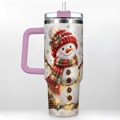 #pl[40oz|Pink] Festive Snowman 40oz Tumbler with Handle, Holiday Lights Art