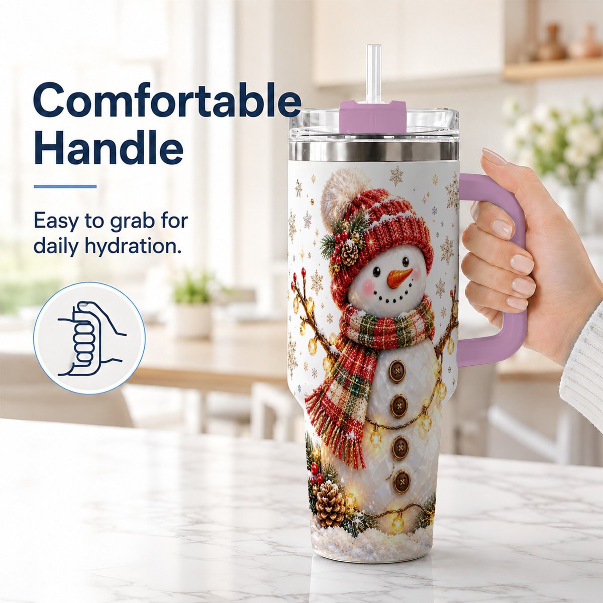 #pl[40oz|Pink] Festive Snowman 40oz Tumbler with Handle, Holiday Lights Art
