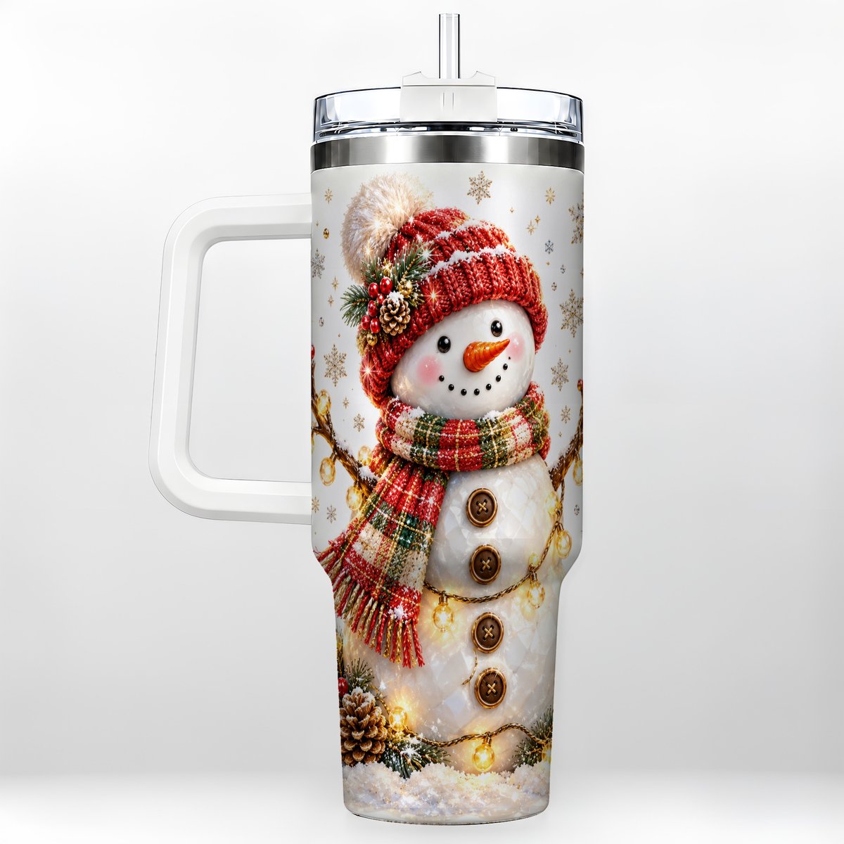 Festive Snowman 40oz Tumbler with Handle, Holiday Lights Art