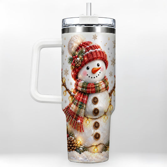 Festive Snowman 40oz Tumbler with Handle, Holiday Lights Art