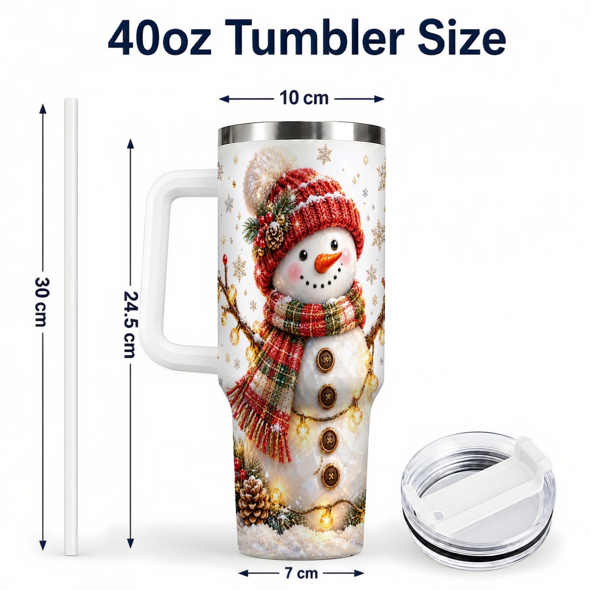 #pl[40oz|White] Festive Snowman 40oz Tumbler with Handle, Holiday Lights Art
