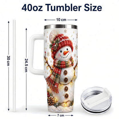 #pl[40oz|White] Festive Snowman 40oz Tumbler with Handle, Holiday Lights Art