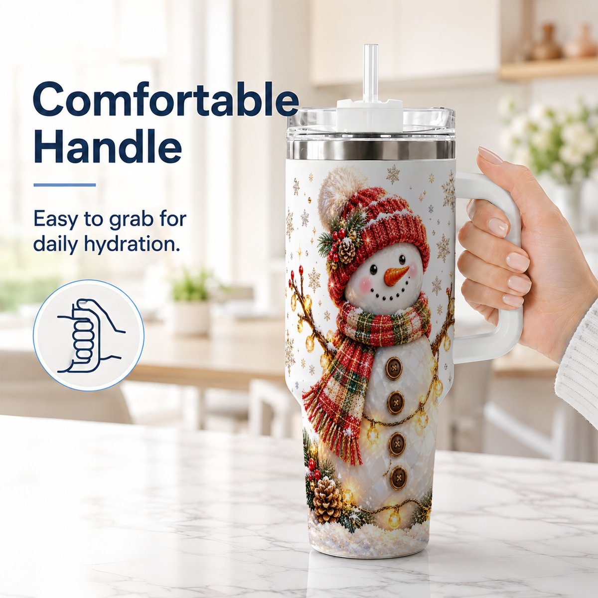 #pl[40oz|White] Festive Snowman 40oz Tumbler with Handle, Holiday Lights Art