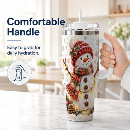 #pl[40oz|White] Festive Snowman 40oz Tumbler with Handle, Holiday Lights Art
