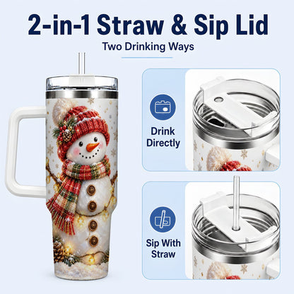 #pl[40oz|White] Festive Snowman 40oz Tumbler with Handle, Holiday Lights Art