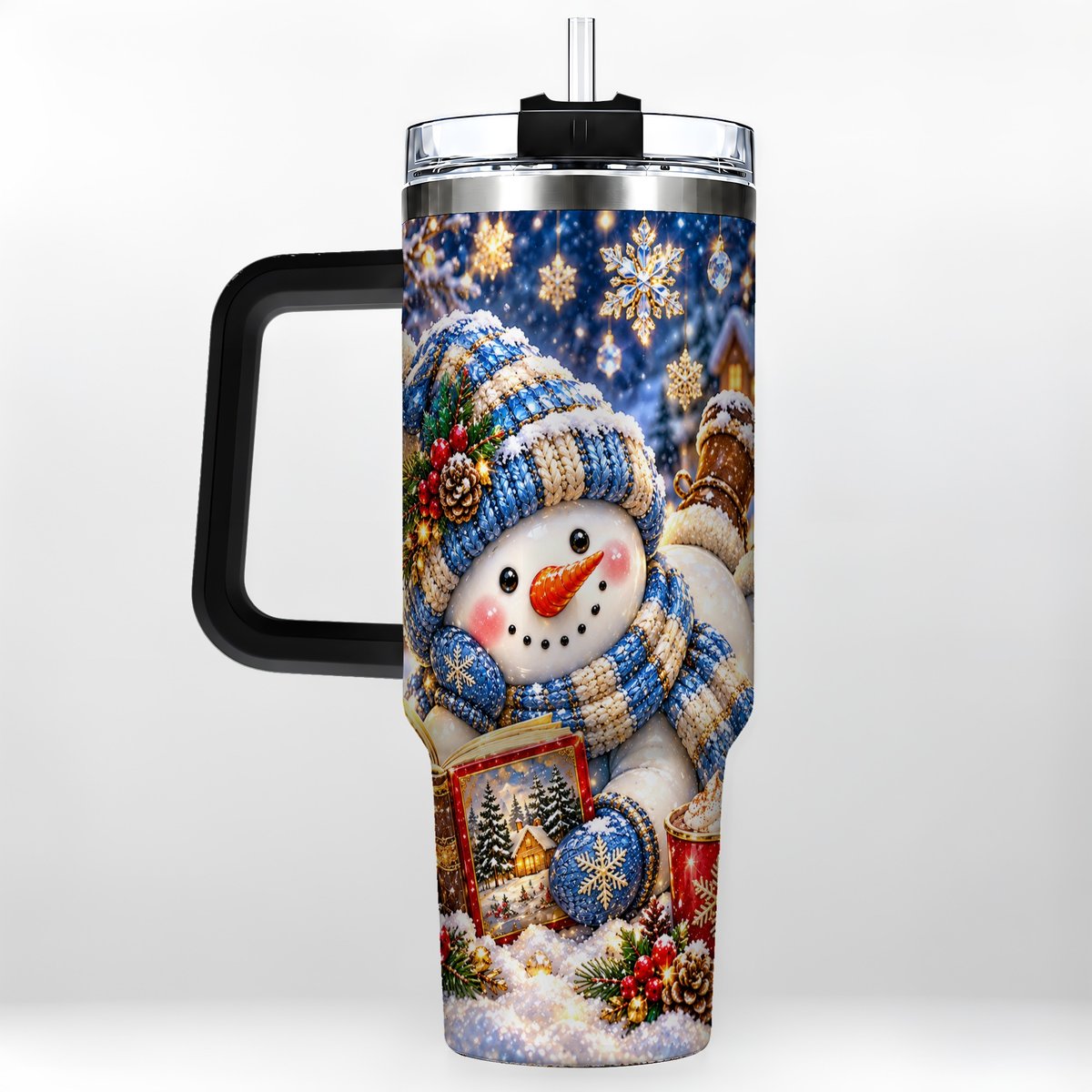 #pl[40oz|Black] Reading Snowman 40oz Tumbler with Handle, Cozy Winter Art