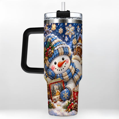 #pl[40oz|Black] Reading Snowman 40oz Tumbler with Handle, Cozy Winter Art