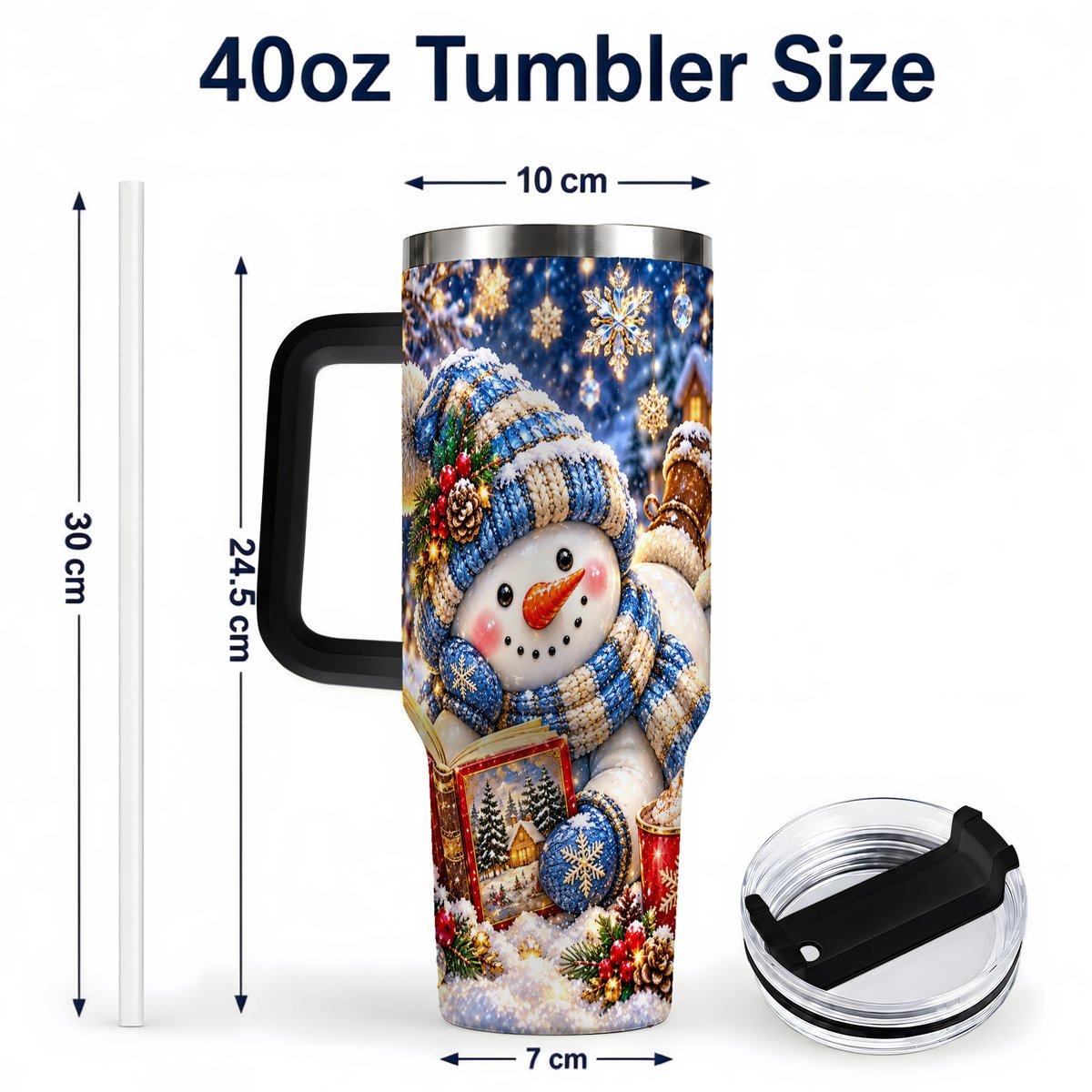 #pl[40oz|Black] Reading Snowman 40oz Tumbler with Handle, Cozy Winter Art
