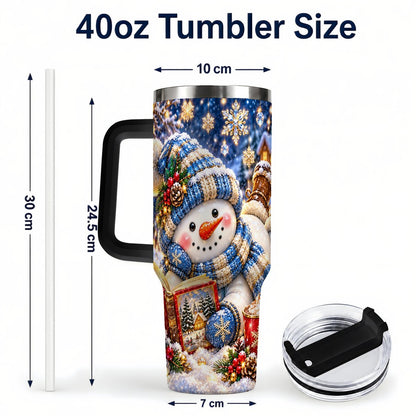 #pl[40oz|Black] Reading Snowman 40oz Tumbler with Handle, Cozy Winter Art