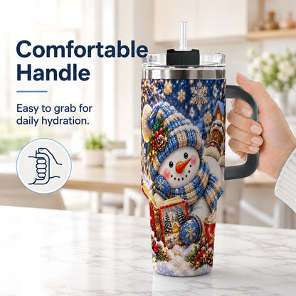 #pl[40oz|Black] Reading Snowman 40oz Tumbler with Handle, Cozy Winter Art