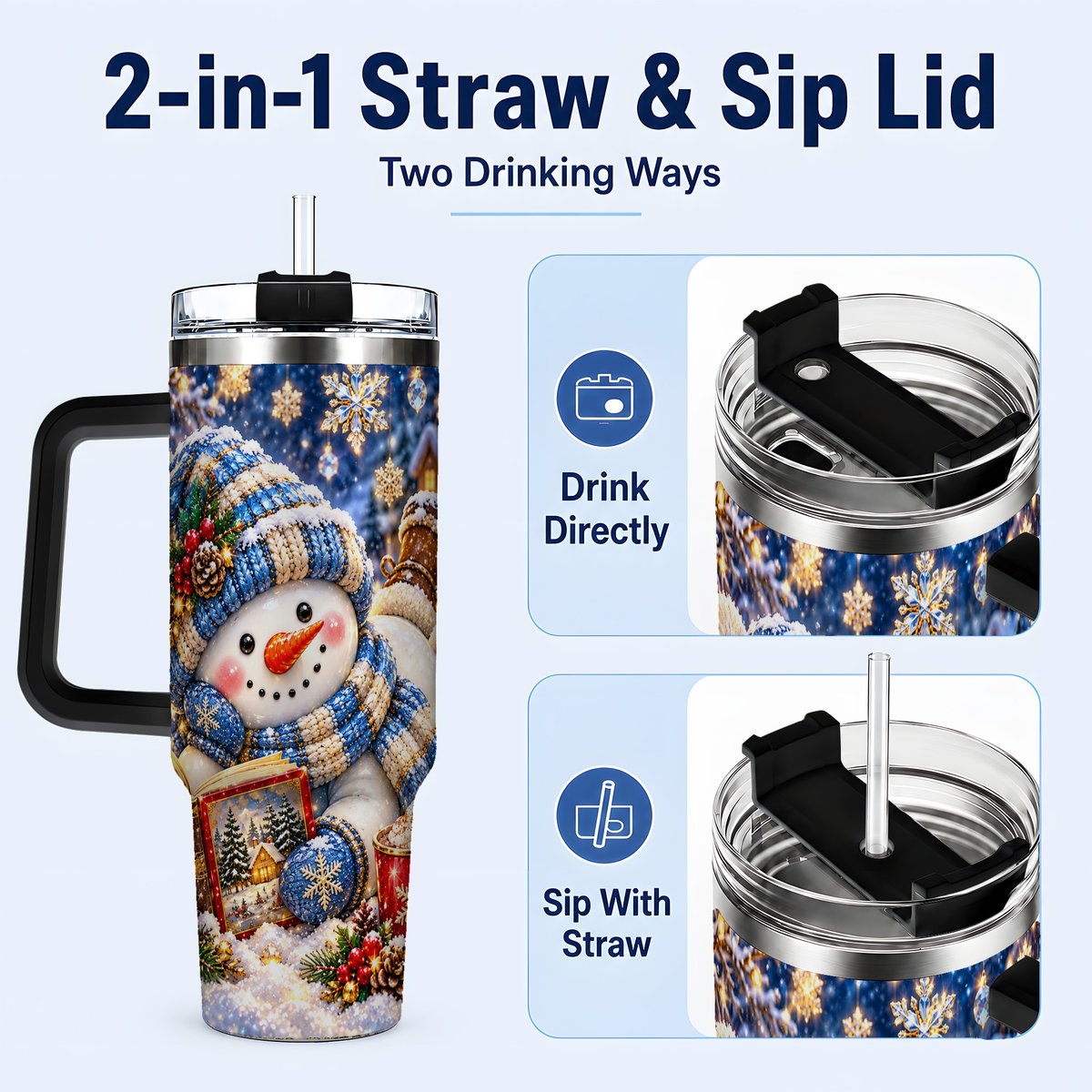 #pl[40oz|Black] Reading Snowman 40oz Tumbler with Handle, Cozy Winter Art