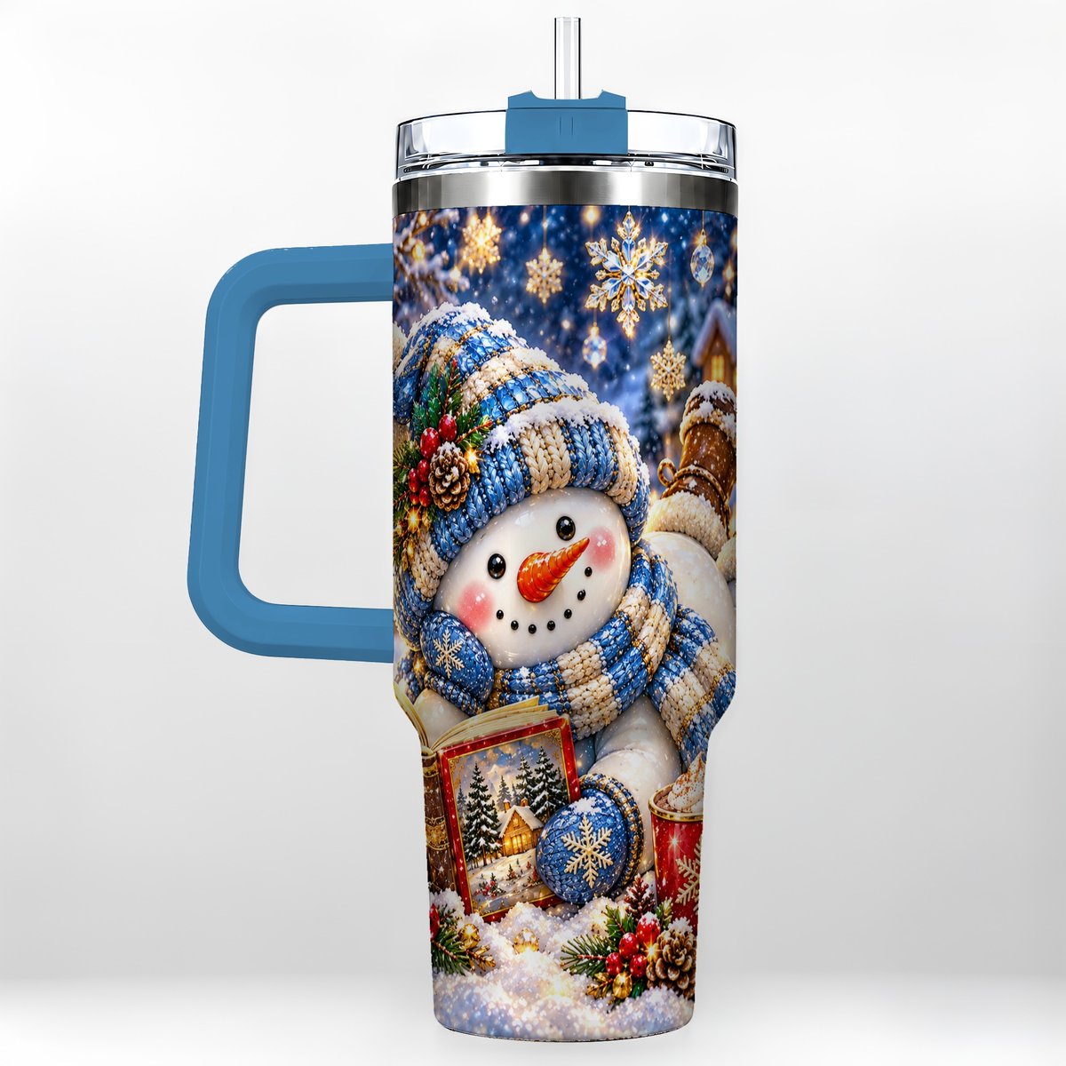 #pl[40oz|Blue] Reading Snowman 40oz Tumbler with Handle, Cozy Winter Art