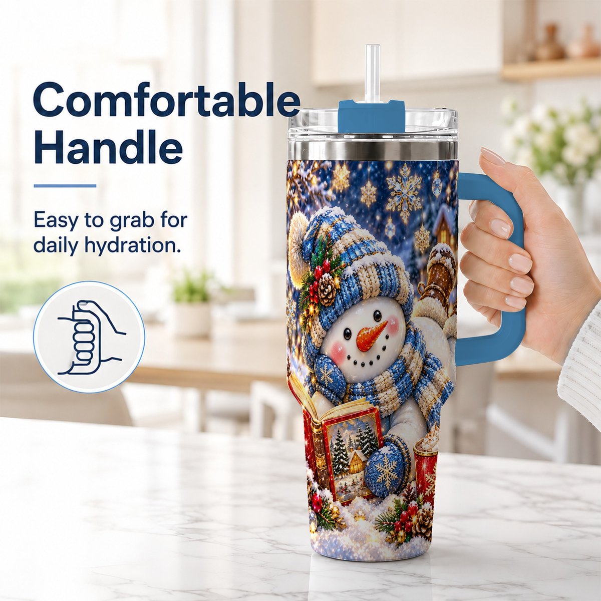 #pl[40oz|Blue] Reading Snowman 40oz Tumbler with Handle, Cozy Winter Art