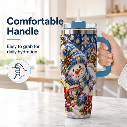 #pl[40oz|Blue] Reading Snowman 40oz Tumbler with Handle, Cozy Winter Art