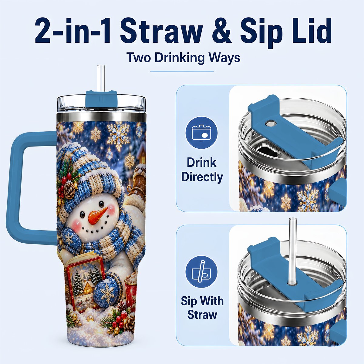 #pl[40oz|Blue] Reading Snowman 40oz Tumbler with Handle, Cozy Winter Art