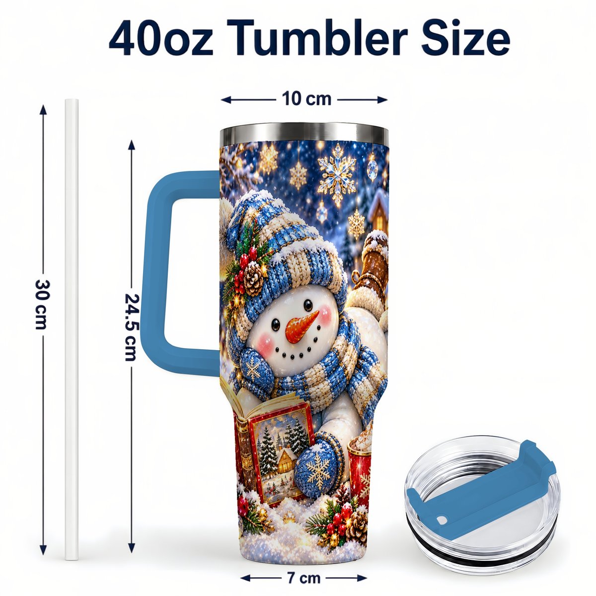 #pl[40oz|Blue] Reading Snowman 40oz Tumbler with Handle, Cozy Winter Art