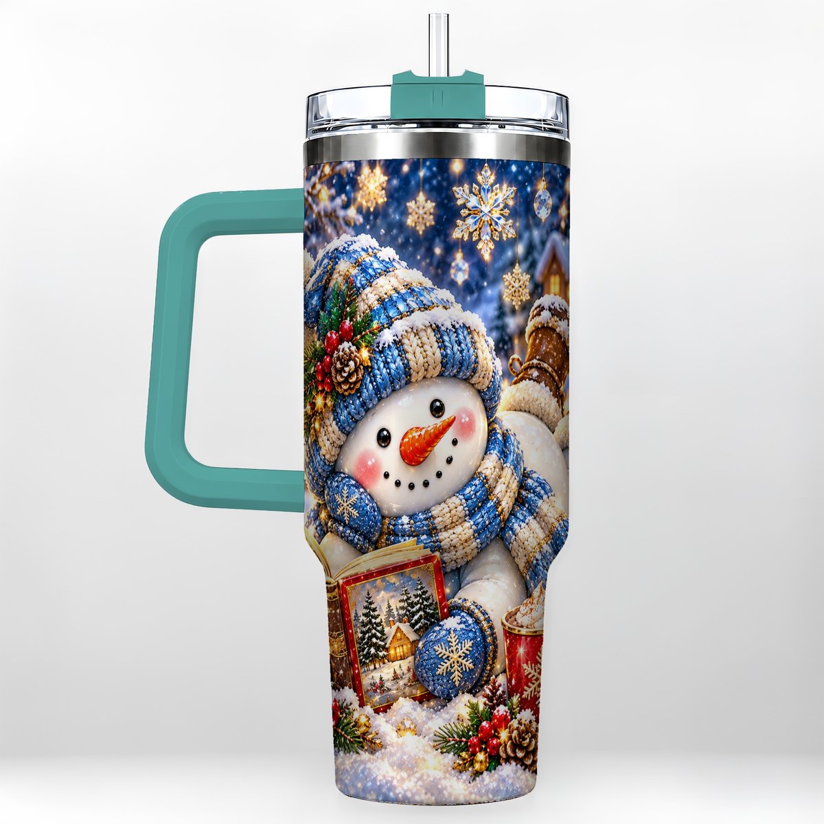 #pl[40oz|Green] Reading Snowman 40oz Tumbler with Handle, Cozy Winter Art