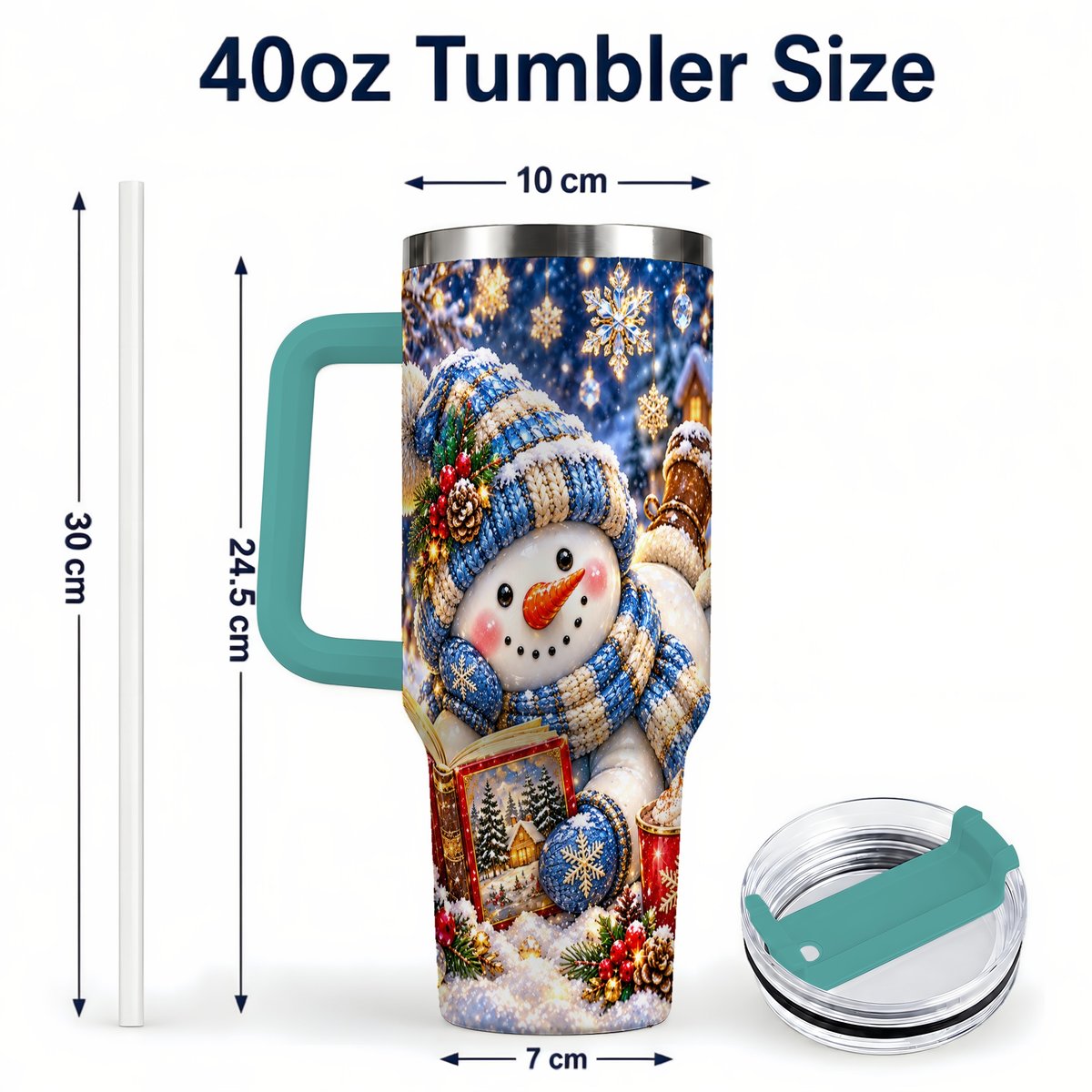 #pl[40oz|Green] Reading Snowman 40oz Tumbler with Handle, Cozy Winter Art