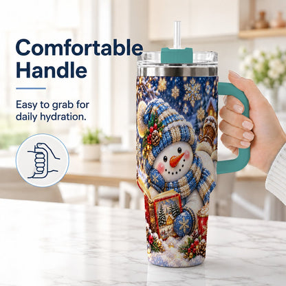 #pl[40oz|Green] Reading Snowman 40oz Tumbler with Handle, Cozy Winter Art