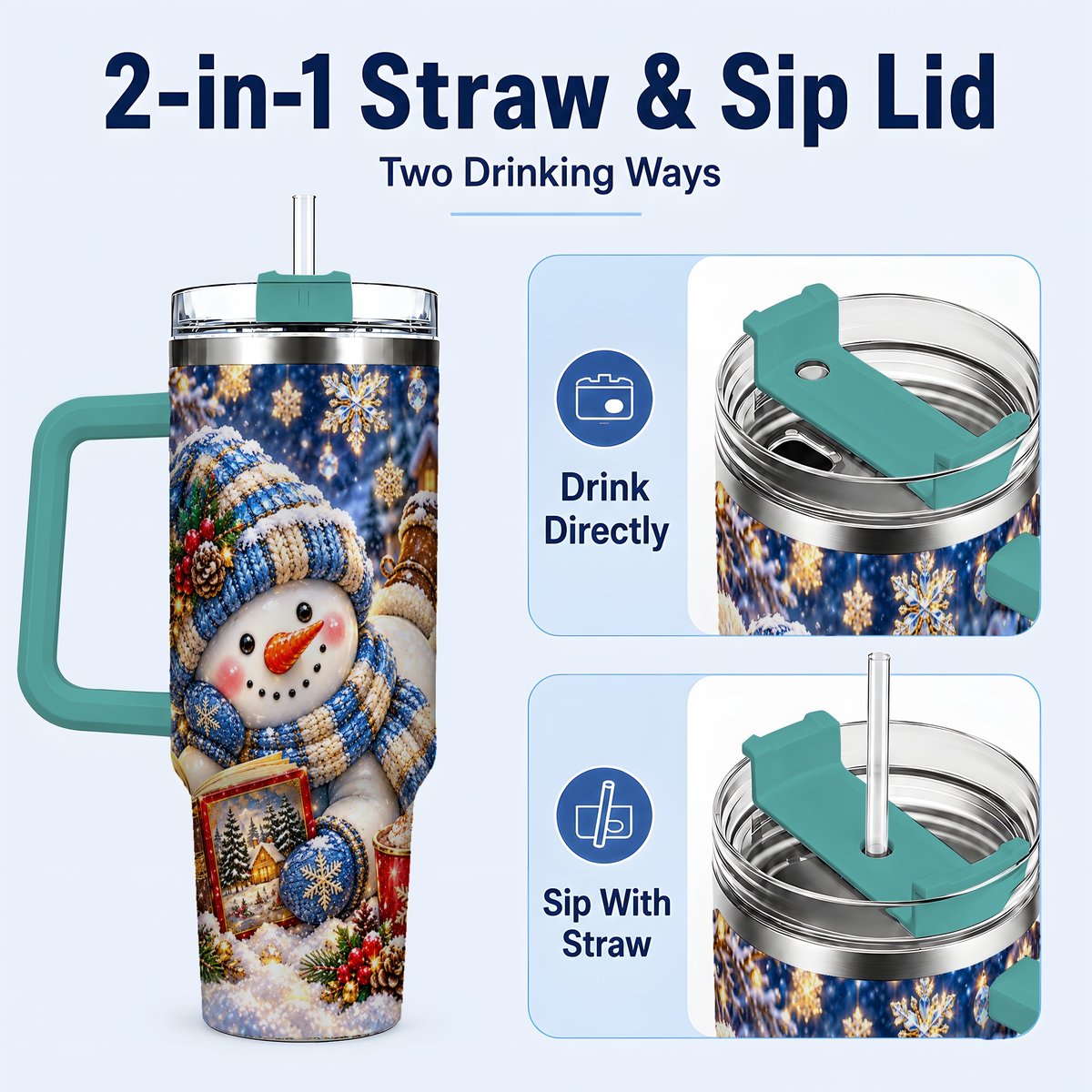 #pl[40oz|Green] Reading Snowman 40oz Tumbler with Handle, Cozy Winter Art
