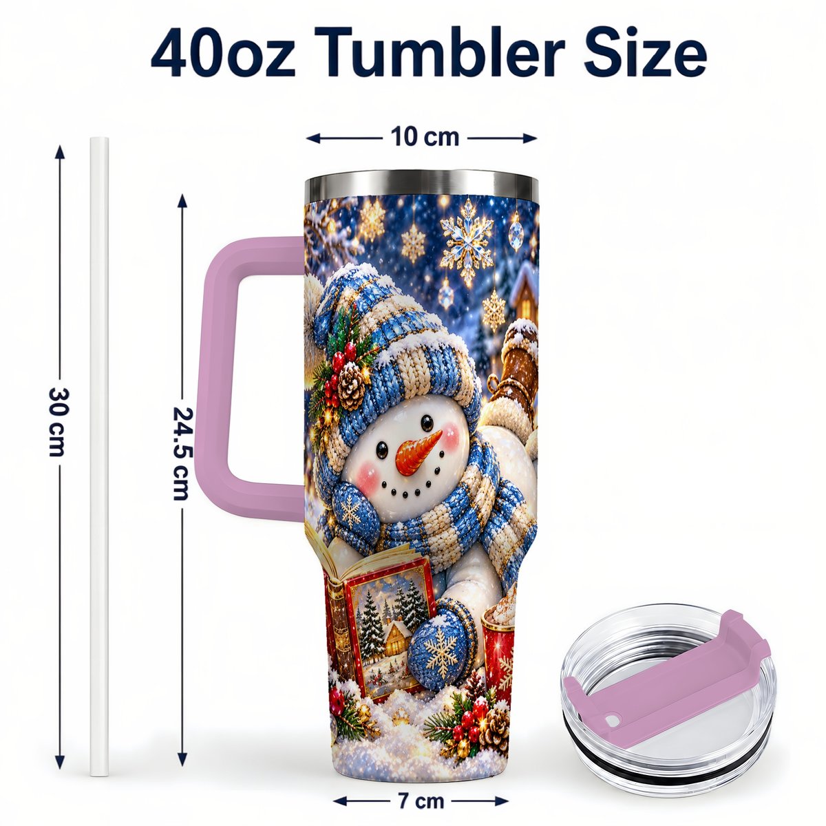 #pl[40oz|Pink] Reading Snowman 40oz Tumbler with Handle, Cozy Winter Art