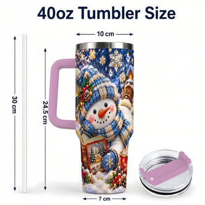 #pl[40oz|Pink] Reading Snowman 40oz Tumbler with Handle, Cozy Winter Art