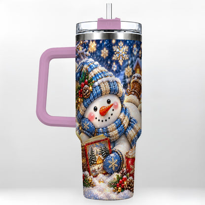 #pl[40oz|Pink] Reading Snowman 40oz Tumbler with Handle, Cozy Winter Art