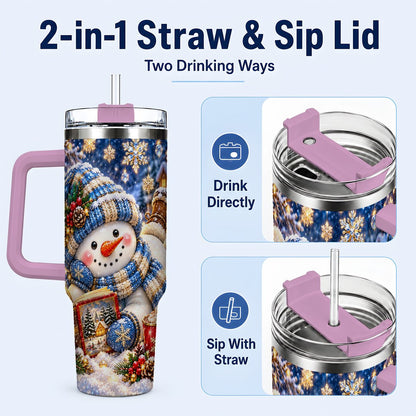 #pl[40oz|Pink] Reading Snowman 40oz Tumbler with Handle, Cozy Winter Art