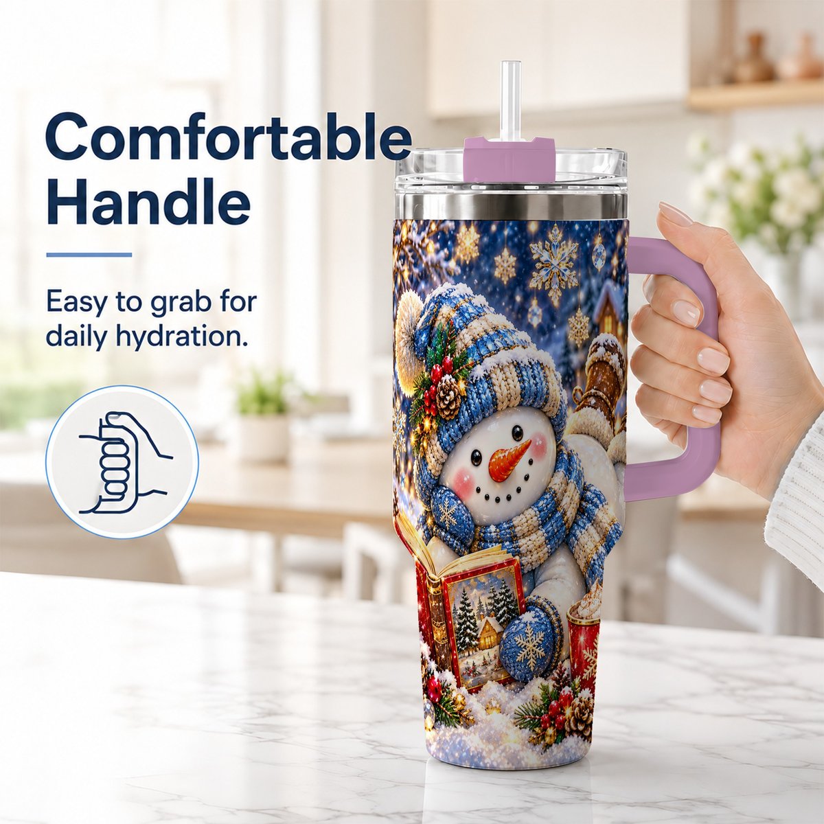 #pl[40oz|Pink] Reading Snowman 40oz Tumbler with Handle, Cozy Winter Art