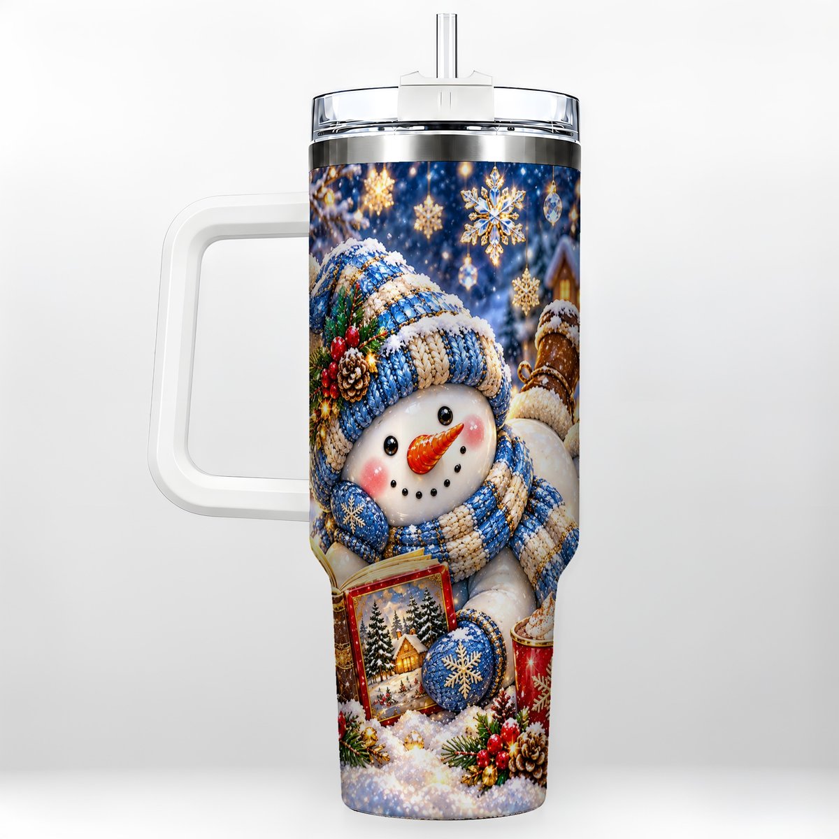 Reading Snowman 40oz Tumbler with Handle, Cozy Winter Art