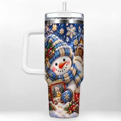 Reading Snowman 40oz Tumbler with Handle, Cozy Winter Art