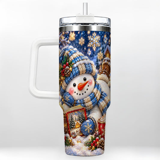Reading Snowman 40oz Tumbler with Handle, Cozy Winter Art
