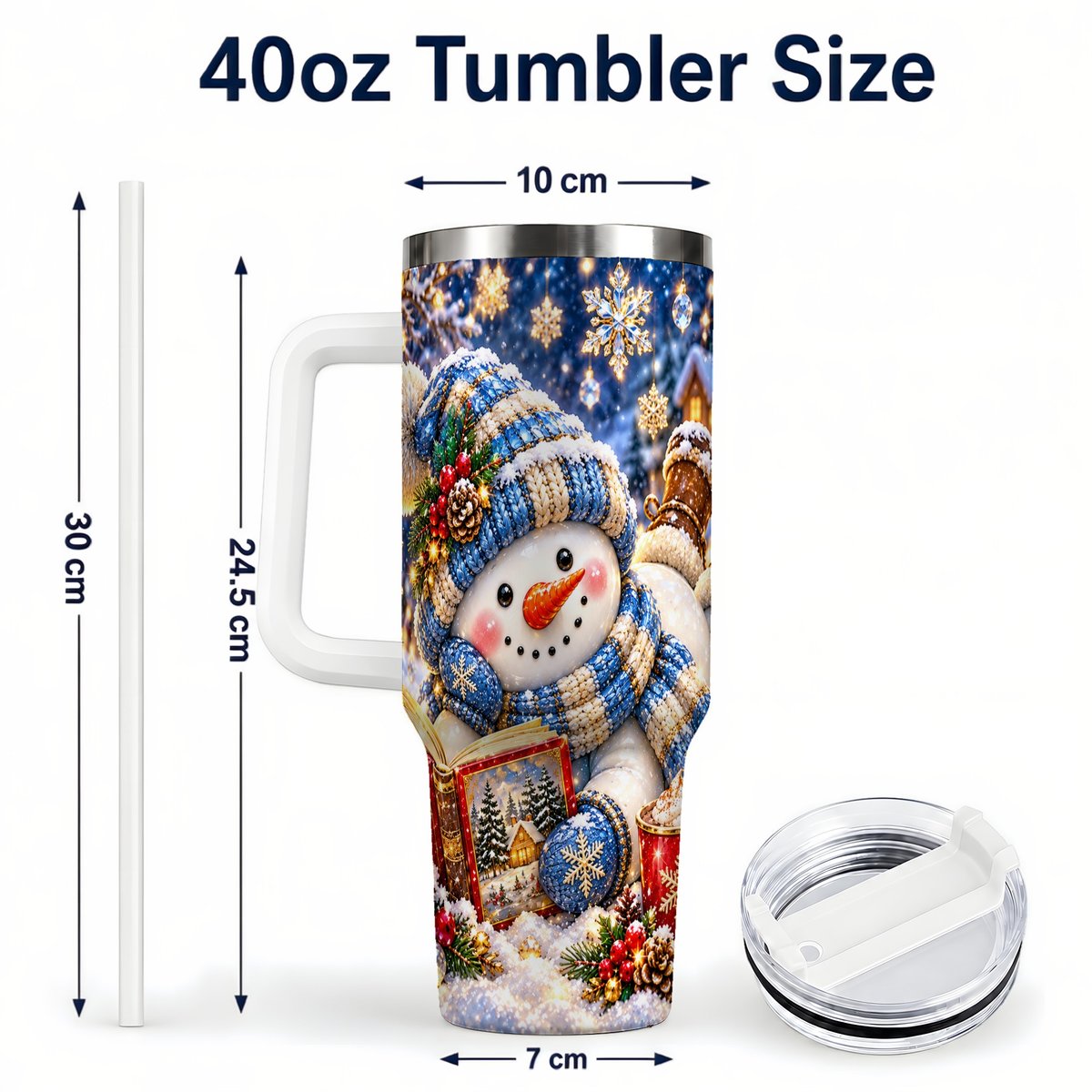 #pl[40oz|White] Reading Snowman 40oz Tumbler with Handle, Cozy Winter Art