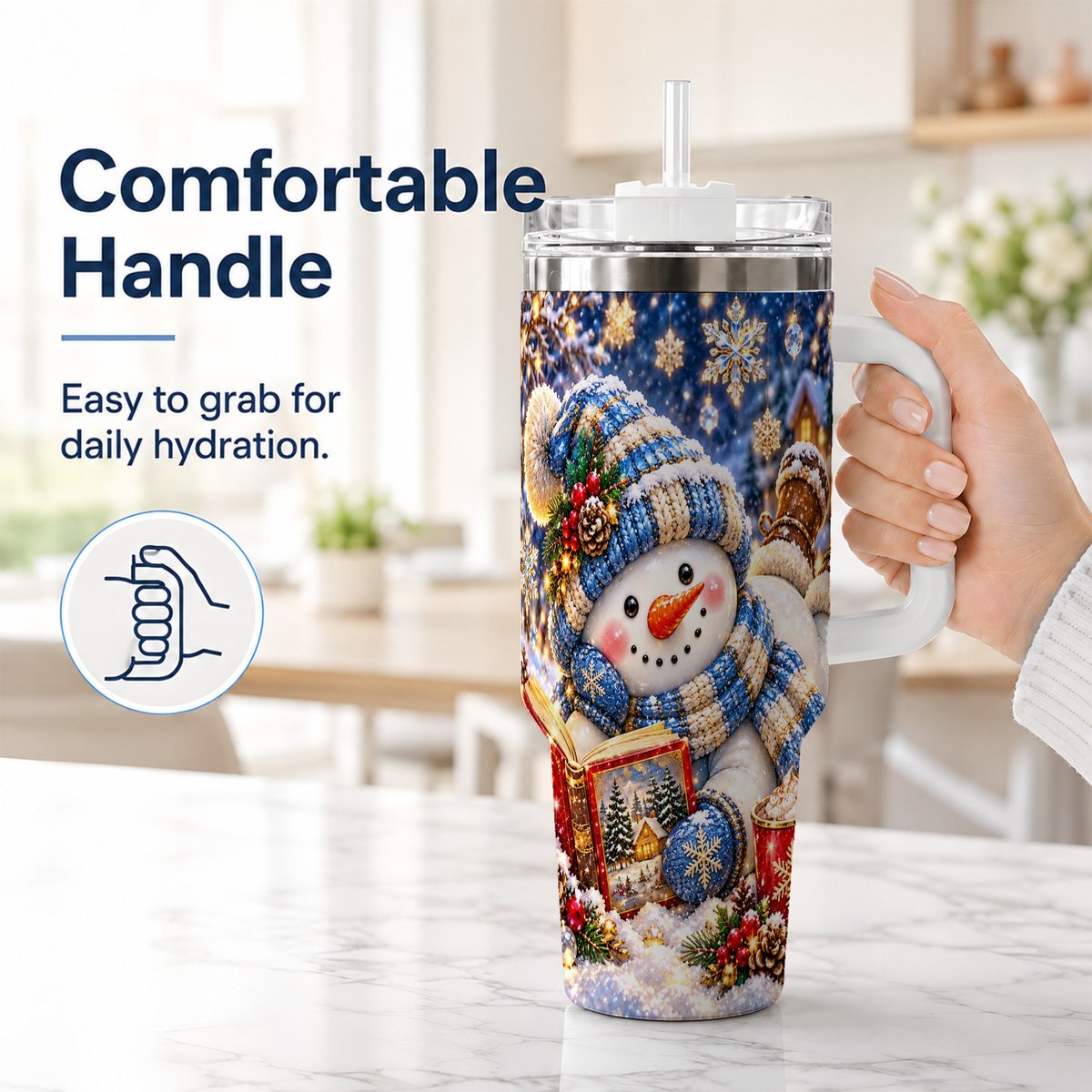 #pl[40oz|White] Reading Snowman 40oz Tumbler with Handle, Cozy Winter Art