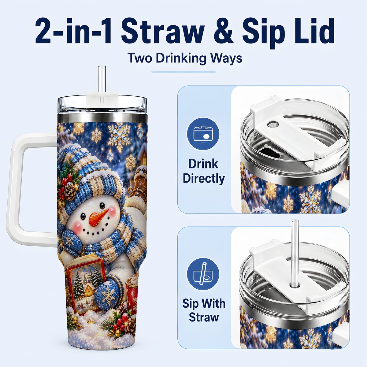 #pl[40oz|White] Reading Snowman 40oz Tumbler with Handle, Cozy Winter Art