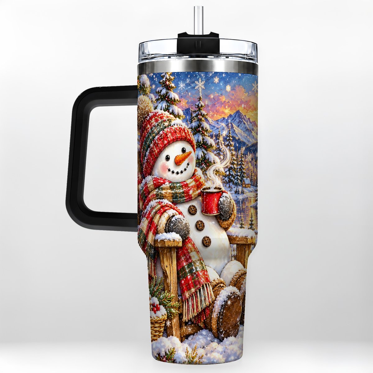 #pl[40oz|Black] Snowman Cabin 40oz Tumbler with Handle, Winter Mountain Art