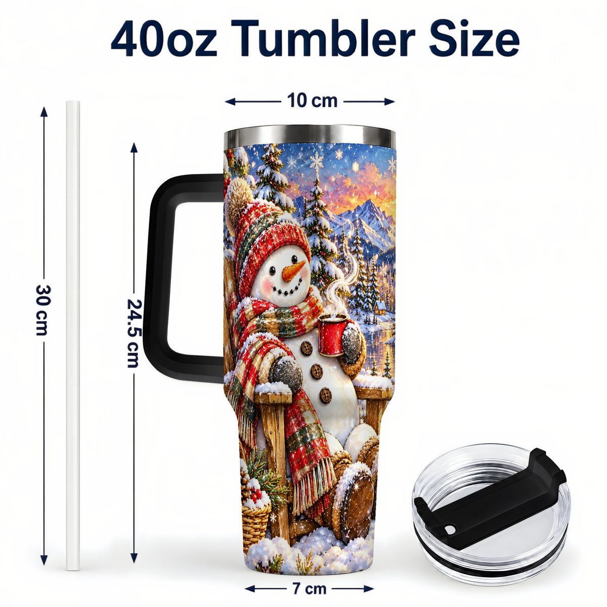 #pl[40oz|Black] Snowman Cabin 40oz Tumbler with Handle, Winter Mountain Art