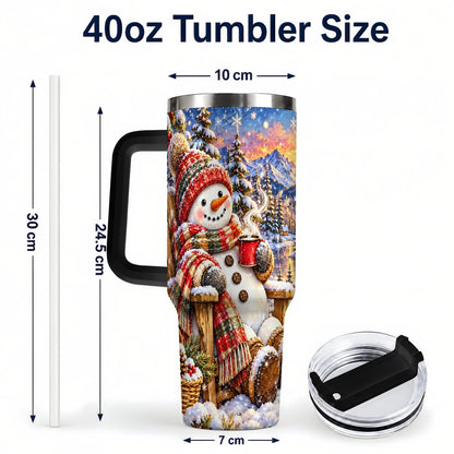 #pl[40oz|Black] Snowman Cabin 40oz Tumbler with Handle, Winter Mountain Art