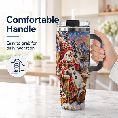 #pl[40oz|Black] Snowman Cabin 40oz Tumbler with Handle, Winter Mountain Art