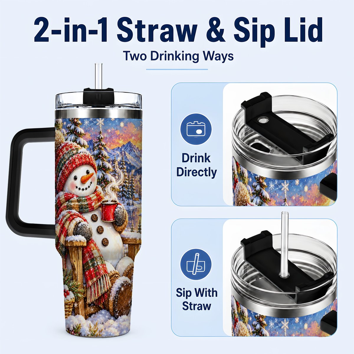 #pl[40oz|Black] Snowman Cabin 40oz Tumbler with Handle, Winter Mountain Art