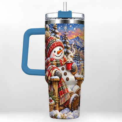 #pl[40oz|Blue] Snowman Cabin 40oz Tumbler with Handle, Winter Mountain Art