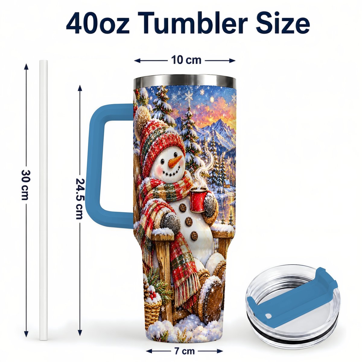 #pl[40oz|Blue] Snowman Cabin 40oz Tumbler with Handle, Winter Mountain Art
