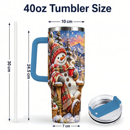 #pl[40oz|Blue] Snowman Cabin 40oz Tumbler with Handle, Winter Mountain Art
