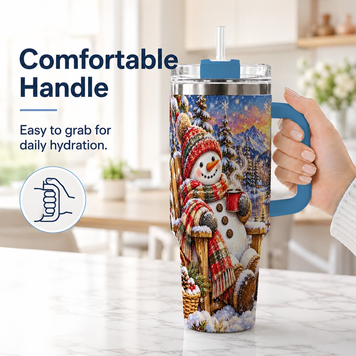 #pl[40oz|Blue] Snowman Cabin 40oz Tumbler with Handle, Winter Mountain Art