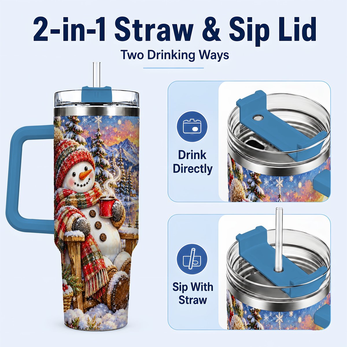 #pl[40oz|Blue] Snowman Cabin 40oz Tumbler with Handle, Winter Mountain Art