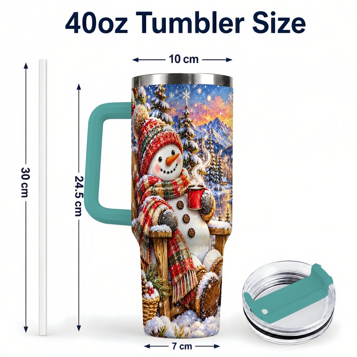 #pl[40oz|Green] Snowman Cabin 40oz Tumbler with Handle, Winter Mountain Art